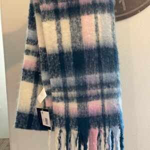 Plaid Fuzzy Scarf in Blue, Pink & Cream